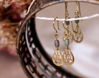 Art Deco | Oval Drop Gold Charm with Glass Earrings