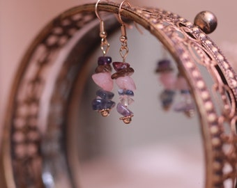 Multicoloured Natural Gemstones, Golden Dangle Hook Earrings | Vintage Glamour