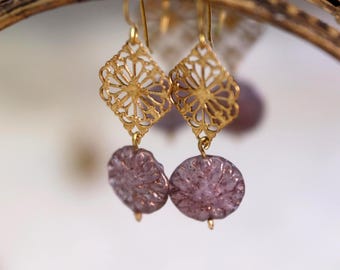Art Deco | Intricate Gold Charm with Glass Earrings