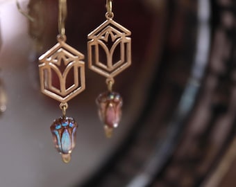 Art Deco | Short Window Gold Charm with Glass Earrings