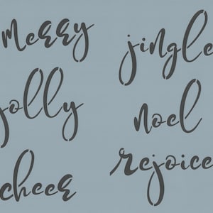 May include: A light blue background with the words "Merry", "Jingle", "Jolly", "Noel", "Cheer", and "Rejoice" in a dark gray, cursive font. The words are stenciled, with the centers of the letters cut out.