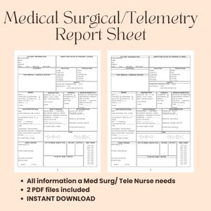 Nursing Report Sheet, Med Surg, Telemetry, Nurse Report Sheet for Patients - DIGITAL DOWNLOAD PDF
