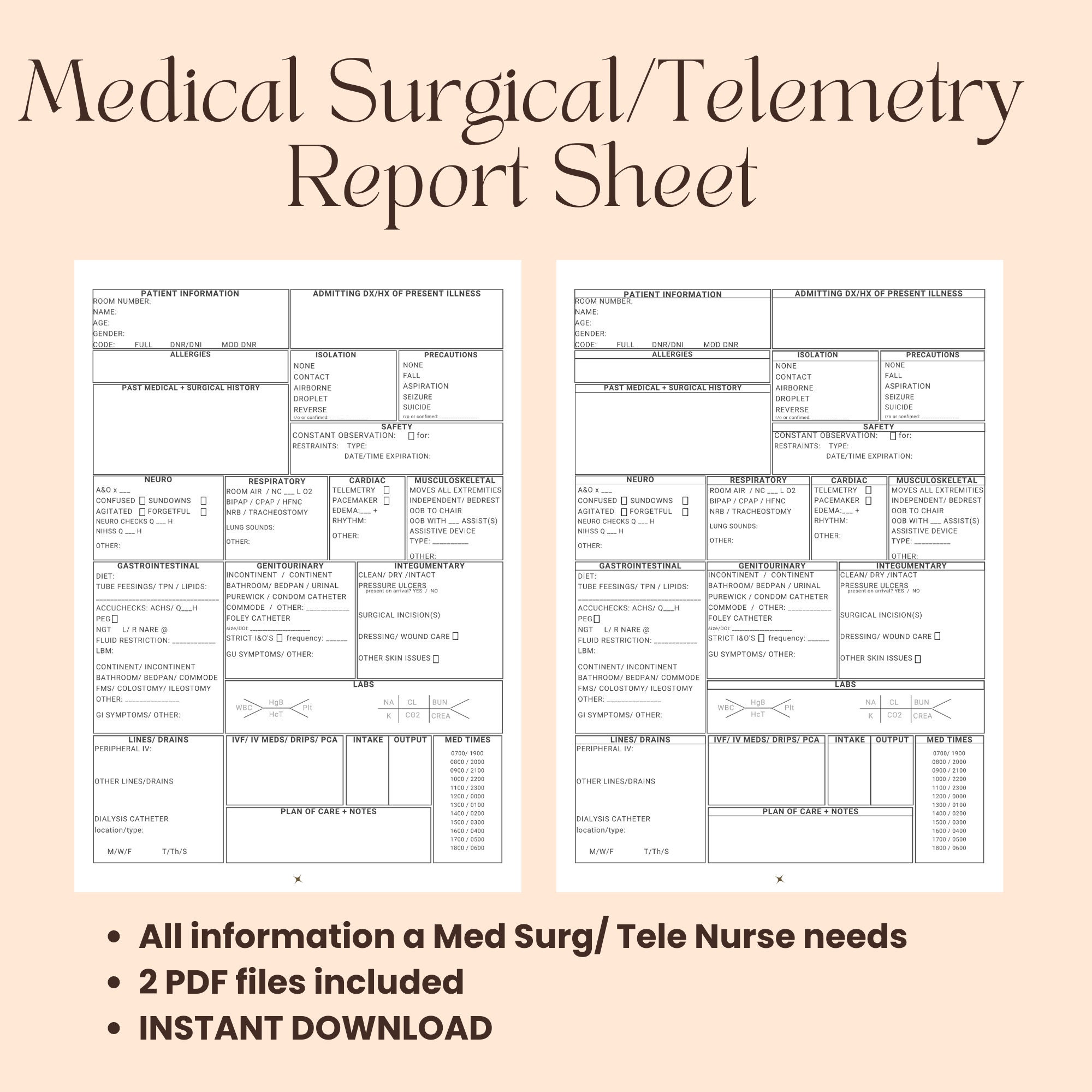 Nursing Report Sheet, Med Surg, Telemetry, Nurse Report Sheet for