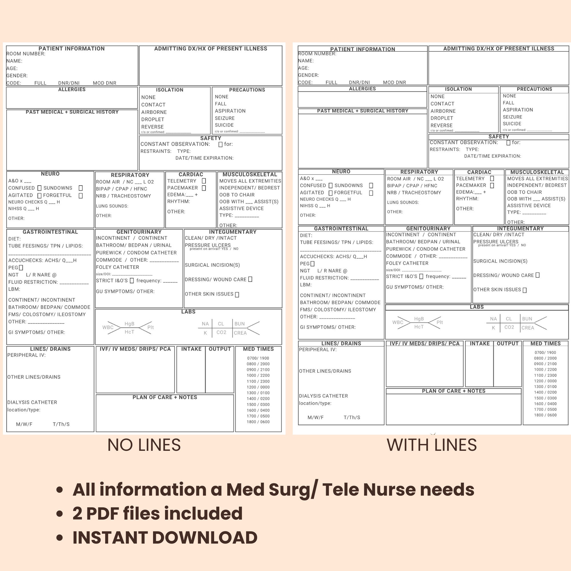 Nursing Report Sheet, Med Surg, Telemetry, Nurse Report Sheet for ...