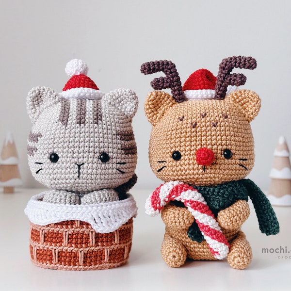 Crochet Pattern - 2 in 1 Christmas Cat bundle - Santa Cat + Rudolph Cat -  Amigurumi - PDF Digital Download