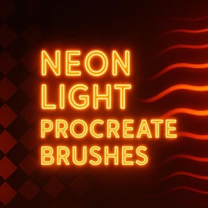 May include: Neon light Procreate brushes for digital art. The image features a text overlay with the words "Neon Light Procreate Brushes" in a bright orange neon style. The background is a dark red with a pattern of orange neon waves.