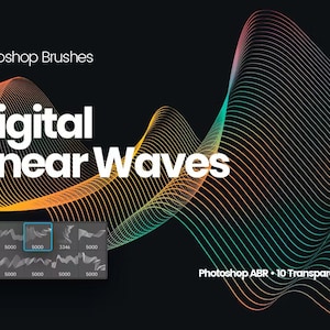 Peut inclure: Pinceaux Photoshop Digital Linear Waves. Un ensemble de 10 fichiers PNG transparents et un fichier Photoshop ABR. L'image montre un motif d'ondes colorées avec un aperçu des pinceaux.