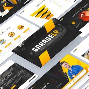 以下が含まれることがあります： 自動車をテーマにしたPowerPointプレゼンテーションのスライド集。スライドは、黒と黄色の配色で、"GARAGELY"の文字が目立つように表示されています。スライドには、車の修理とメンテナンスに関連するインフォグラフィック、グラフ、画像が含まれています。
