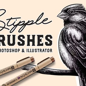 Könnte beinhalten: Stipple-Pinsel für Photoshop & Illustrator. Eine Schwarzweißillustration eines Vogels, der auf einem Ast sitzt. Zwei braune Stifte mit dem Text "MICRON 02" sind abgebildet.