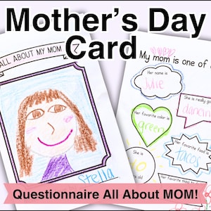 Tarjeta del Día de la Madre para Niños Manualidades del Día de la Madre para Niños en Edad Preescolar Recuerdo del Día de la Madre Cuestionario Divertido Todo Sobre Mi Mamá Tarjeta Imprimible para Niños