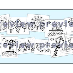 May include: A set of ten black and white printable dot marker activity sheets featuring summer themes, including a fish, ice cream cones, a sailboat, a dolphin, a watermelon, a tent, a beach umbrella, a kite, and a picnic basket.