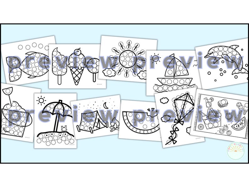 May include: A set of ten black and white printable dot marker activity sheets featuring summer themes, including a fish, ice cream cones, a sailboat, a dolphin, a watermelon, a tent, a beach umbrella, a kite, and a picnic basket.