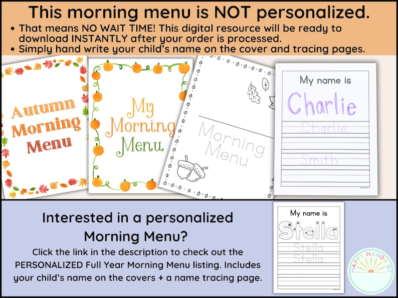 May include: A collection of printable morning menu pages. The pages feature colorful designs with text like "Autumn Morning Menu" and "My Morning Menu." One page has the name "Charlie" written on it. The text "This morning menu is NOT personalized" is also visible.