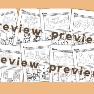 May include: Black and white printable worksheets for kids featuring fall and Halloween themes. The worksheets include images of pumpkins, trees, bats, ghosts, scarecrows, and tractors. Each worksheet has a title that says "Name" and instructions to cut on the dotted lines, solve the puzzle, and glue and color the picture.