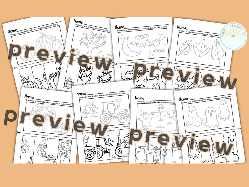May include: Black and white printable worksheets for kids featuring fall and Halloween themes. The worksheets include images of pumpkins, trees, bats, ghosts, scarecrows, and tractors. Each worksheet has a title that says "Name" and instructions to cut on the dotted lines, solve the puzzle, and glue and color the picture.