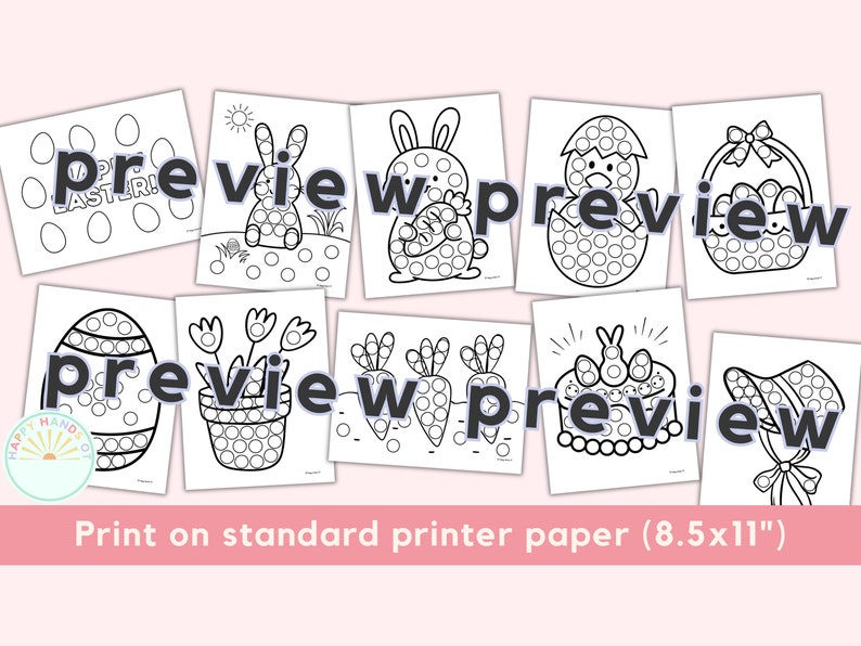 May include: A set of 10 printable Easter-themed dot marker activity sheets. Each sheet features a different Easter design, such as a bunny, an egg, and a basket. The sheets are designed for use with dot markers or other similar tools.