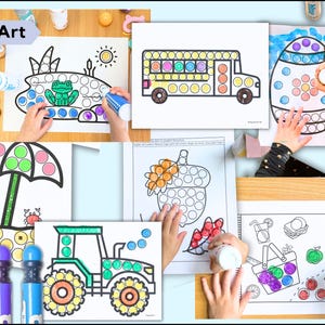 May include: A collection of dot art activity sheets featuring various designs, including a school bus, frog, umbrella, tractor, acorn, Easter egg, and picnic basket. The sheets are being colored with dot markers in various colors.