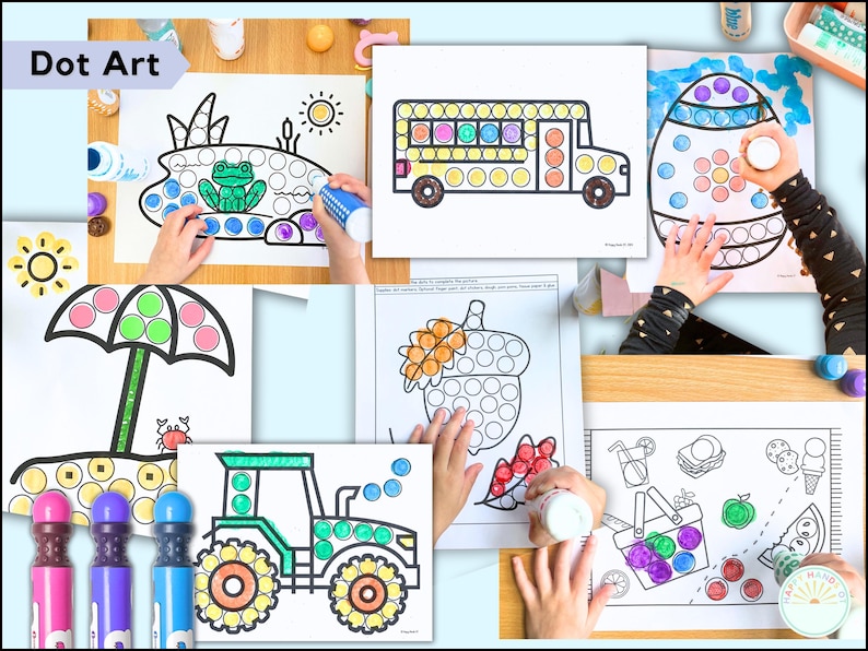 May include: A collection of dot art activity sheets featuring various designs, including a school bus, frog, umbrella, tractor, acorn, Easter egg, and picnic basket. The sheets are being colored with dot markers in various colors.