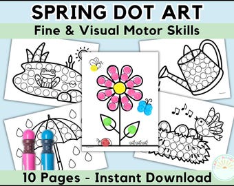 Dibujos de primavera para colorear con puntos, hojas de trabajo imprimibles para preescolar, para niños, para colorear con marcadores de puntos, flores, paraguas, rana y abeja.