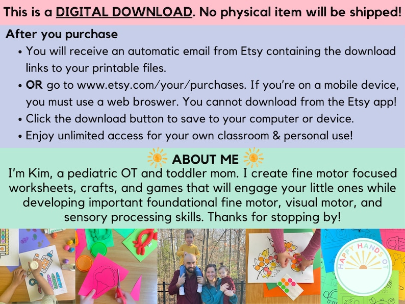 May include: Digital download announcement with text about printable files, including instructions for download and use. The image also includes a section about the creator, a pediatric OT, and her focus on fine motor skills.
