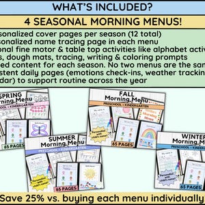 May include: Four seasonal morning menus for preschool and kindergarten. Each menu includes personalized cover pages, name tracing, fine motor activities, and themed content. The menus are labelled Spring, Summer, Autumn, and Winter, each with 65 pages.