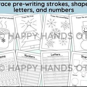 May include: Black and white printable worksheets for tracing pre-writing strokes, shapes, letters, and numbers. Includes images of a mug of hot chocolate, a tree, snowflakes, and a snowman. Educational activity for children.