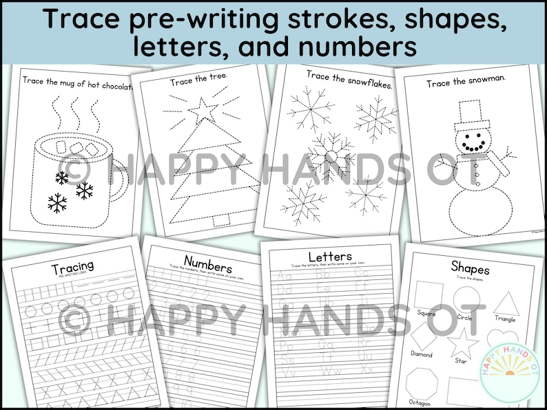 May include: Black and white printable worksheets for tracing pre-writing strokes, shapes, letters, and numbers. Includes images of a mug of hot chocolate, a tree, snowflakes, and a snowman. Educational activity for children.