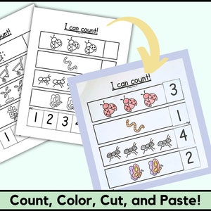 May include: A printable worksheet for kids to practice counting. The worksheet features images of ladybugs, worms, ants, and butterflies. The worksheet includes the text "I can count!" and numbers 1, 2, 3, and 4.