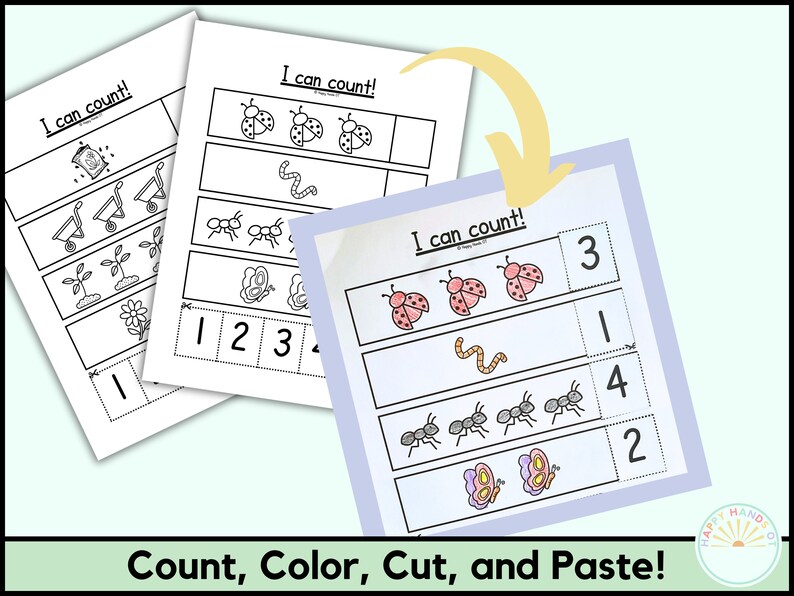 May include: A printable worksheet for kids to practice counting. The worksheet features images of ladybugs, worms, ants, and butterflies. The worksheet includes the text "I can count!" and numbers 1, 2, 3, and 4.