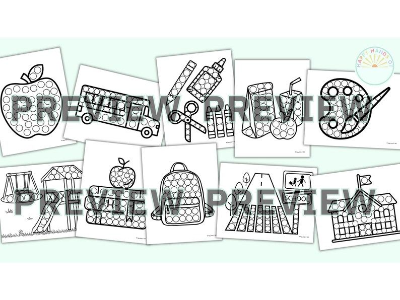 May include: Black and white printable dot-to-dot activity sheets featuring school-themed images, including an apple, a school bus, scissors, crayons, a lunch bag, a juice box, a paint palette, a backpack, a crosswalk, and a school building.