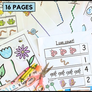 May include: A set of 16 printable activity pages for kids featuring spring-themed images like ladybugs, butterflies, flowers, and ants. The pages include counting activities, coloring pages, and cut-and-paste activities. The text "I can count!" is visible on one of the pages.