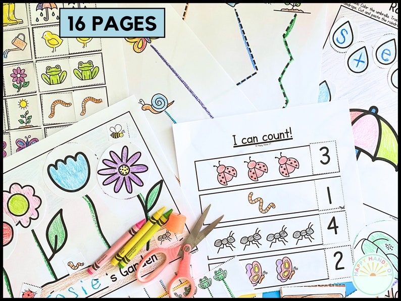May include: A set of 16 printable activity pages for kids featuring spring-themed images like ladybugs, butterflies, flowers, and ants. The pages include counting activities, coloring pages, and cut-and-paste activities. The text "I can count!" is visible on one of the pages.