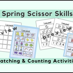 May include: A set of printable spring-themed scissor skills worksheets for kids. The worksheets feature matching and counting activities with images of butterflies, flowers, frogs, and other spring items. The text on the worksheets reads "I can match!" and "I can count!"