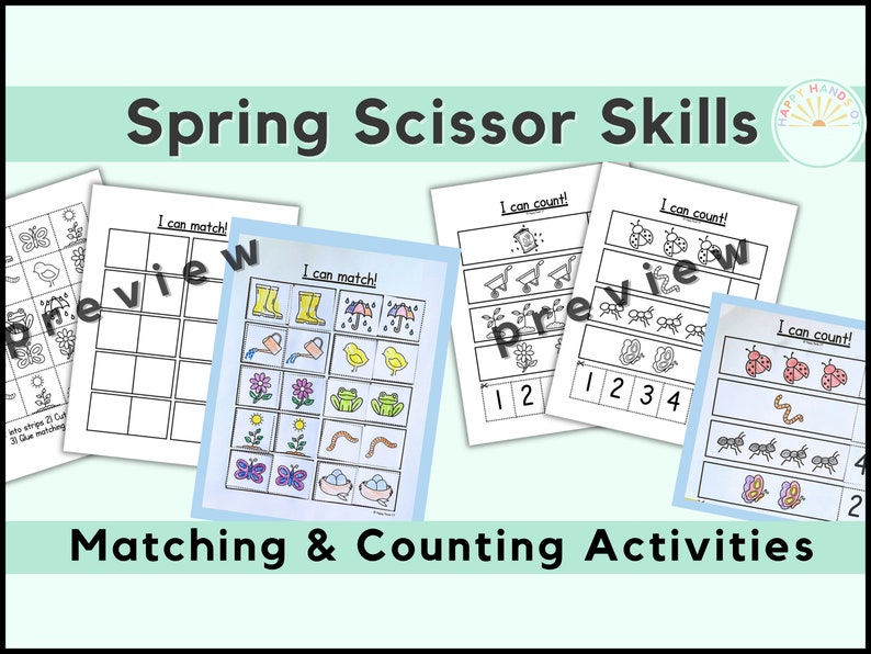 May include: A set of printable spring-themed scissor skills worksheets for kids. The worksheets feature matching and counting activities with images of butterflies, flowers, frogs, and other spring items. The text on the worksheets reads "I can match!" and "I can count!"