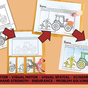 May include: A printable worksheet for kids featuring a tractor and corn stalks. The worksheet is divided into three sections, with dotted lines to cut out. The child can cut out the pieces, solve the puzzle, and glue the pieces in place. The worksheet also includes a space for the child's name.