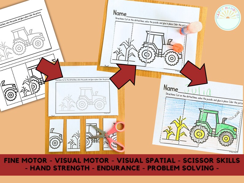 May include: A printable worksheet for kids featuring a tractor and corn stalks. The worksheet is divided into three sections, with dotted lines to cut out. The child can cut out the pieces, solve the puzzle, and glue the pieces in place. The worksheet also includes a space for the child's name.