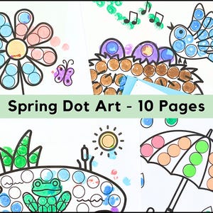 Puede incluir: Spring Dot Art - 10 Pages. P&aacute;ginas de arte de puntos con tem&aacute;tica de primavera que presentan una flor, un p&aacute;jaro, una mariposa, una rana, un sol y un paraguas. Cada imagen est&aacute; delineada en negro con puntos de colores en el interior.
