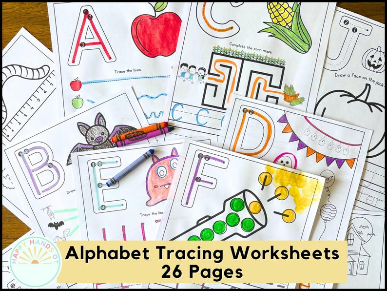 May include: A collection of alphabet tracing worksheets with colorful illustrations. Each page features a letter, along with images of an apple, a bat, and a jack-o'-lantern. The text "Alphabet Tracing Worksheets 26 Pages" is displayed.