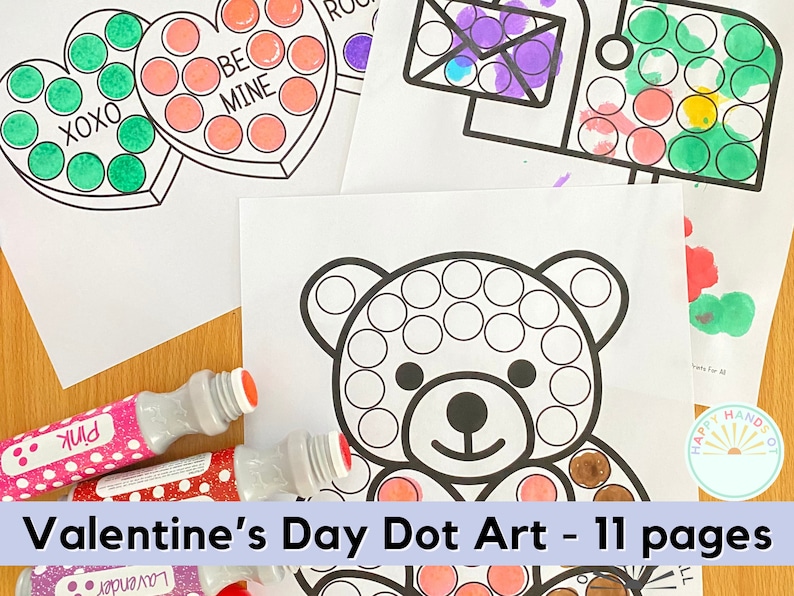 May include: A set of 11 printable Valentine's Day dot art pages featuring a teddy bear, hearts, and a mailbox. The pages are designed for children to use dot markers to color in the images.