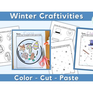 Op de afbeelding: Een set met printbare winterse knutsel activiteiten voor kinderen. De werkbladen bevatten een sneeuwpop, een bord met koekjes en een sneeuwvlok ontwerp. De instructies zijn "Kleur, Knip en Plak om een..."