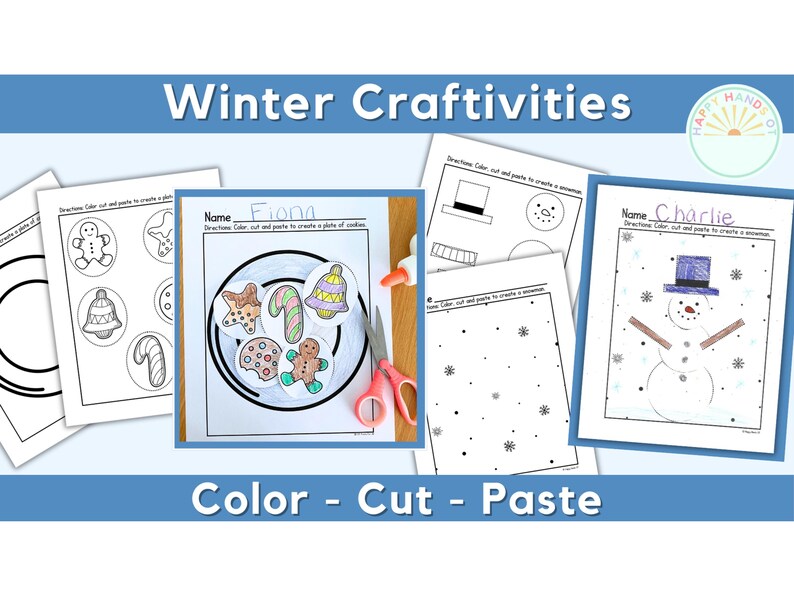 Op de afbeelding: Een set met printbare winterse knutsel activiteiten voor kinderen. De werkbladen bevatten een sneeuwpop, een bord met koekjes en een sneeuwvlok ontwerp. De instructies zijn "Kleur, Knip en Plak om een..."