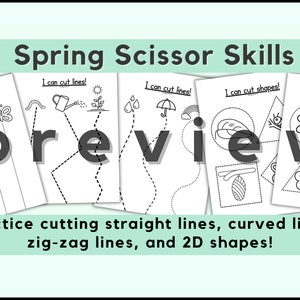 May include: A preview of a printable spring-themed scissor skills activity for kids. The image shows five pages with different lines and shapes to cut out, including straight lines, curved lines, zig-zag lines, and 2D shapes. The pages feature spring-themed images like butterflies, caterpillars, raindrops, umbrellas, rainbows, and flowers.