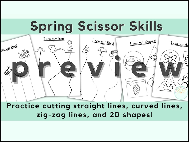 May include: A preview of a printable spring-themed scissor skills activity for kids. The image shows five pages with different lines and shapes to cut out, including straight lines, curved lines, zig-zag lines, and 2D shapes. The pages feature spring-themed images like butterflies, caterpillars, raindrops, umbrellas, rainbows, and flowers.