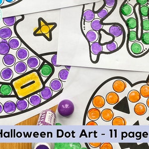 May include: Halloween dot art printable activity pages.  The image shows a witch's hat, the word BOO, and a pumpkin.  Each image is outlined and ready to be filled in with colorful dots.