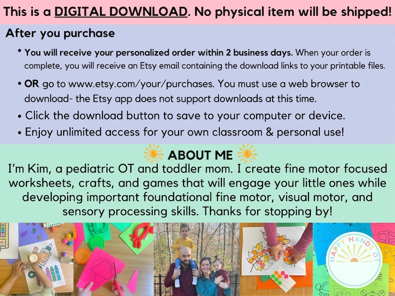 May include: Digital download information with text: "This is a DIGITAL DOWNLOAD. No physical item will be shipped!" and instructions for purchase. Includes a section "ABOUT ME" with a description of the creator's work. Images of children's crafts are shown.