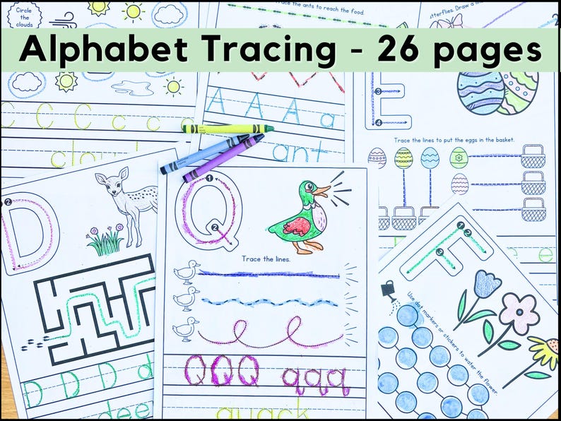 Puede incluir: Cuaderno de trabajo de trazado del alfabeto con 26 p&aacute;ginas. Las p&aacute;ginas presentan ejercicios de trazado para letras, palabras e im&aacute;genes. Incluye ilustraciones de un ciervo, un pato y flores. Los crayones est&aacute;n colocados encima de las p&aacute;ginas.