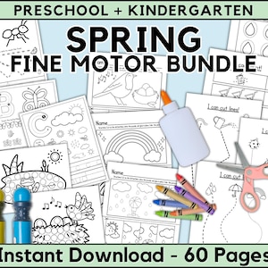 印刷可能なバンドル - 春のドットアートとカッティング練習、春のはさみスキル、幼稚園の子供向けワークシート、Pre Kワークシート、春のドットマーカー
