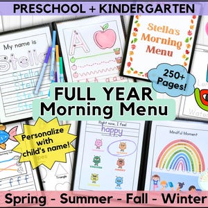 May include: Educational printables for preschool and kindergarten, featuring the text "Stella's Morning Menu" and "Full Year Morning Menu". The image shows pages for tracing letters, drawing, and identifying emotions. Includes the text "Personalize with child's name!"