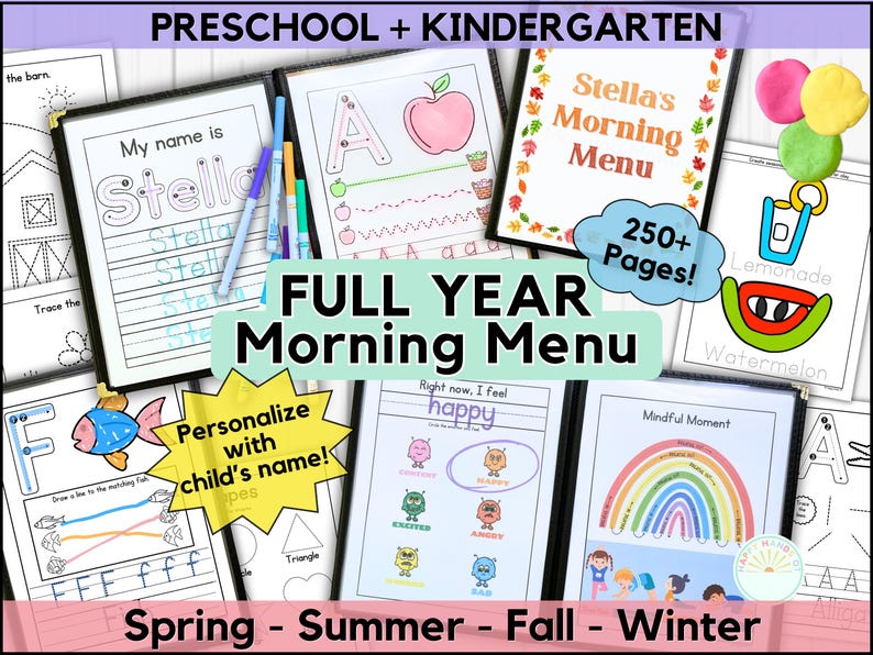May include: Educational printables for preschool and kindergarten, featuring the text "Stella's Morning Menu" and "Full Year Morning Menu". The image shows pages for tracing letters, drawing, and identifying emotions. Includes the text "Personalize with child's name!"