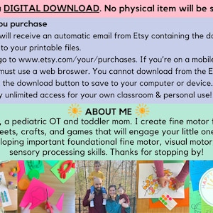 Puede incluir: Informaci&oacute;n de descarga digital con texto sobre archivos imprimibles, compras de Etsy y guardado en una computadora. El texto tambi&eacute;n incluye informaci&oacute;n sobre el creador, un terapeuta ocupacional pedi&aacute;trico, que crea actividades de motricidad fina para ni&ntilde;os.